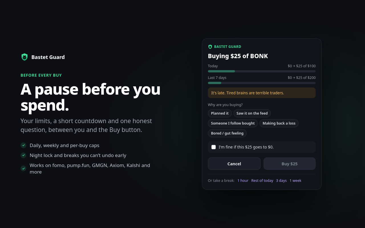 The confirmation screen before a $25 buy: today's spend, a late-night warning, reasons, and a countdown.