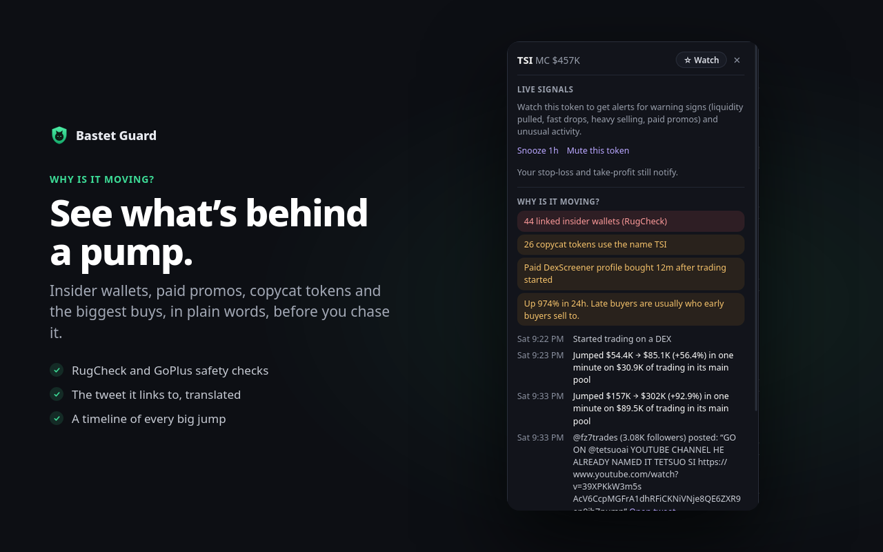 A panel listing red flags for a token: insider wallets, copycats, a paid promo, and a timeline of its jumps.